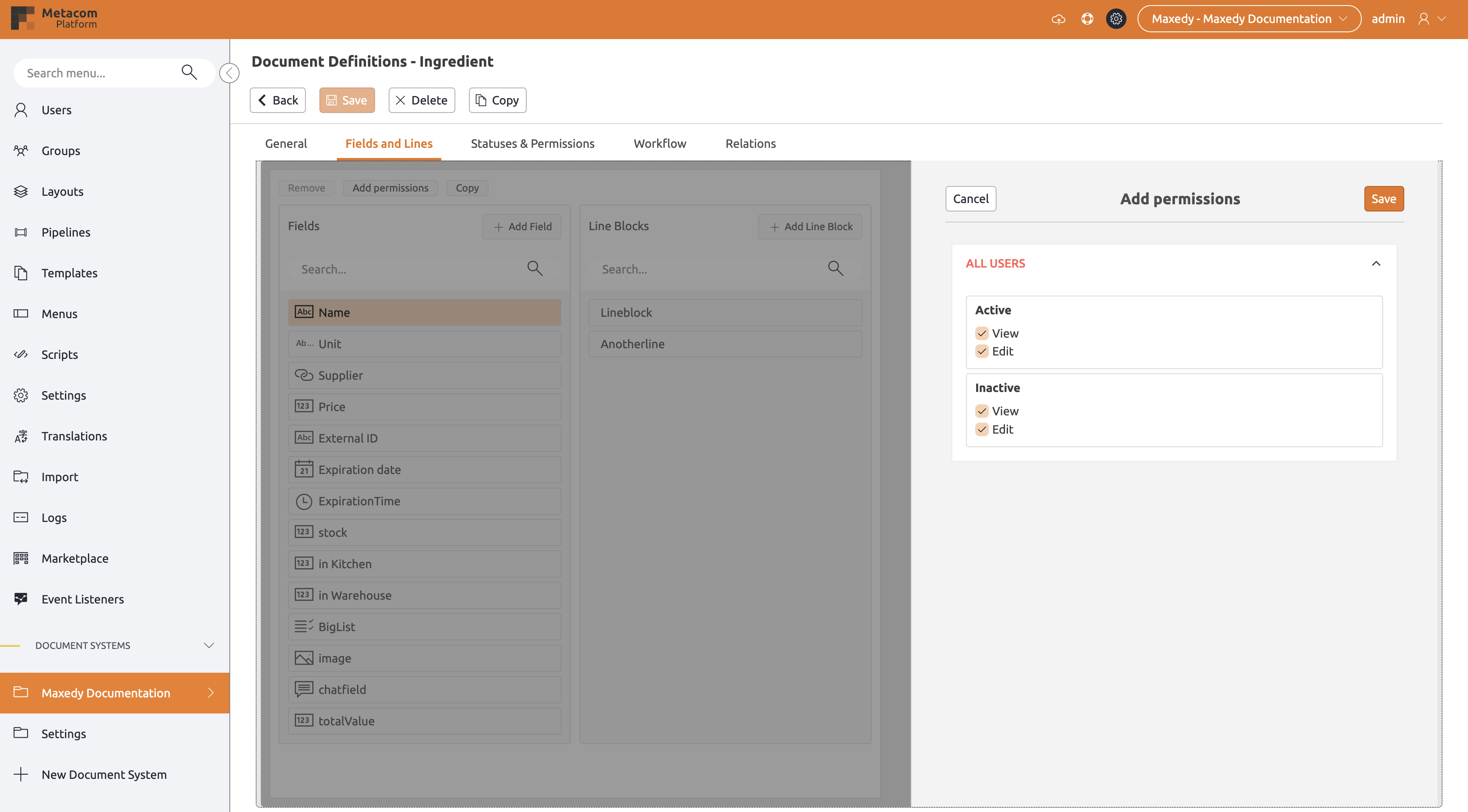 Set Permissions Fields and Lines Tab