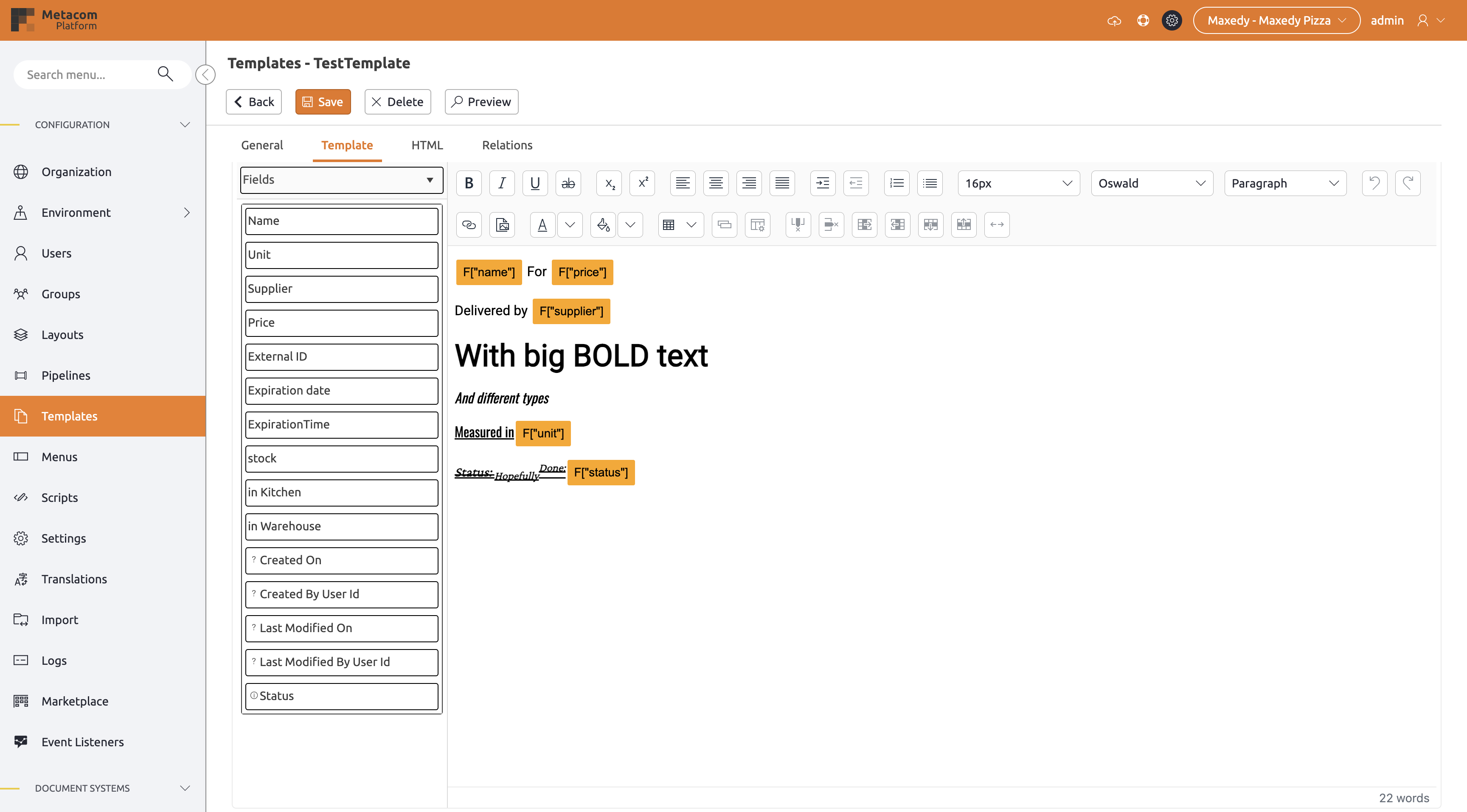 Template with test styles